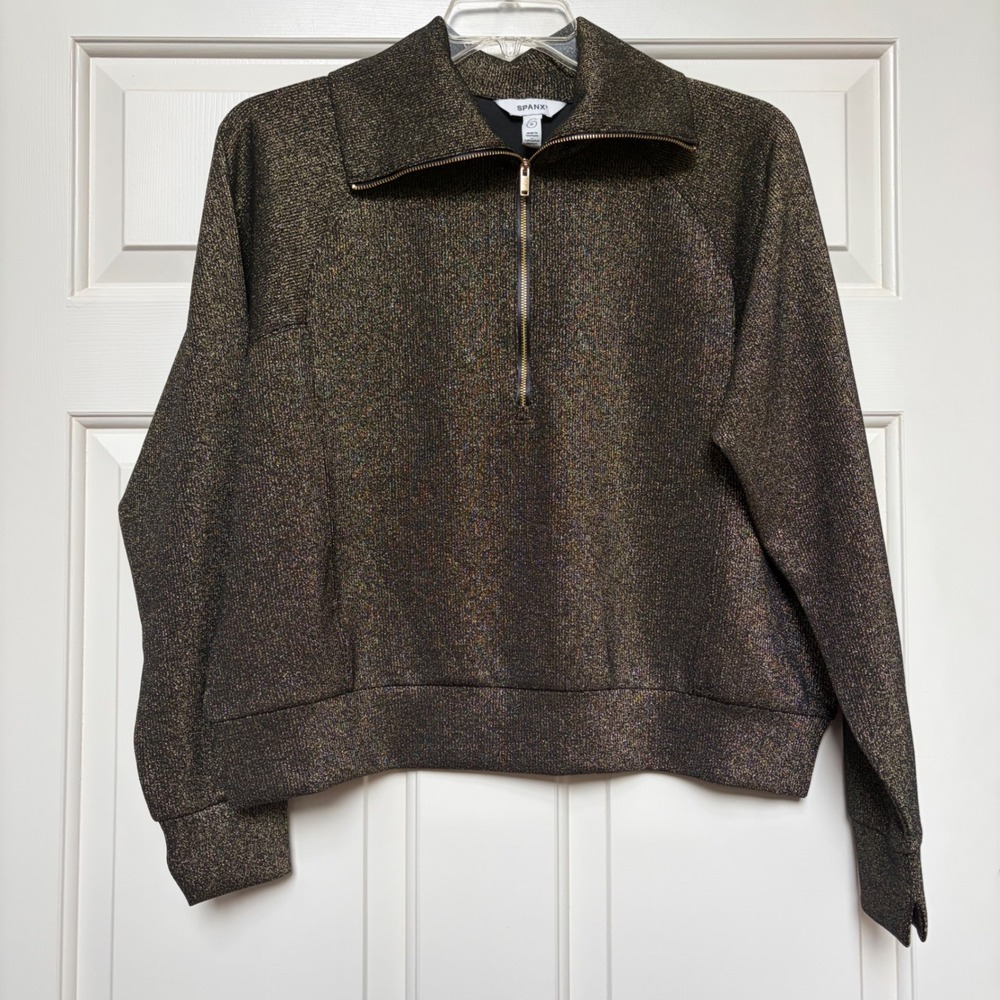Spanx AirEssentials Shine Half Zip Pullover Black Gold Metallic Sparkle Large